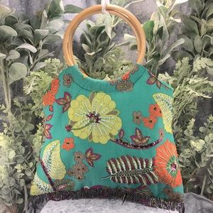 Jafra Tropical Floral Handbag with Wooden Handles, Sequins & Beaded Detailing